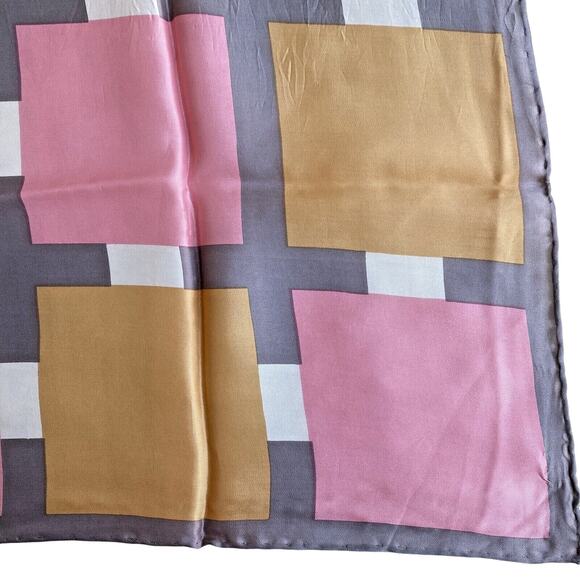 Vintage Silky Acetate Scarf Pink Gray Cream Peach Geometric Tailored 1970's - Picture 3 of 6